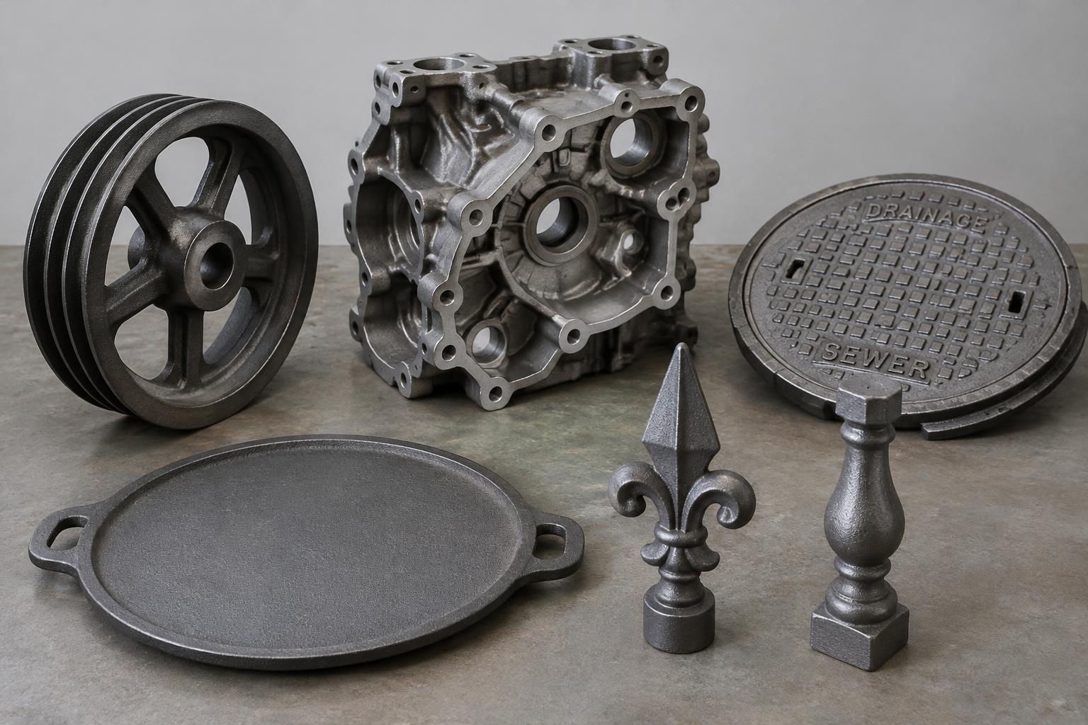 Illustrative cast metal parts: V-pulley, engine casing, manhole cover, dosa tawa, gate finial and baluster