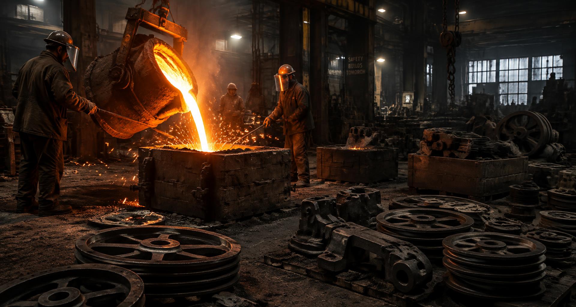 Illustrative foundry pouring molten metal into a sand mould
